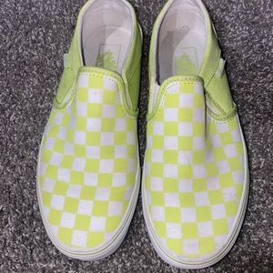 Women’s 7.5 neon green checkered slip ons